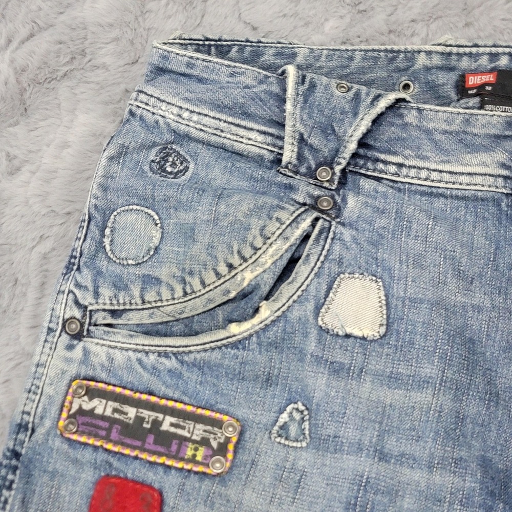 Diesel Jeans Mens 32x33‎ Blue Straight Distressed Motor Club Patch Biker Y2K - Picture 3 of 16